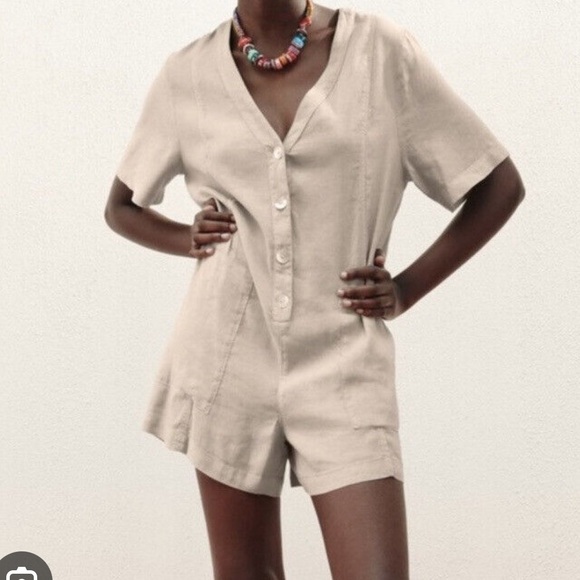 Zara Pants - Zara Tan/ Cream linen blend romper